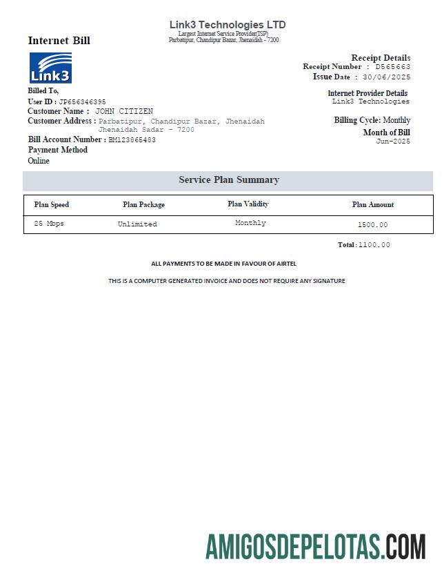 realista Modelo de fatura de serviços públicos de Bangladesh Link3 Technologies LTD em formatos Word e PDF